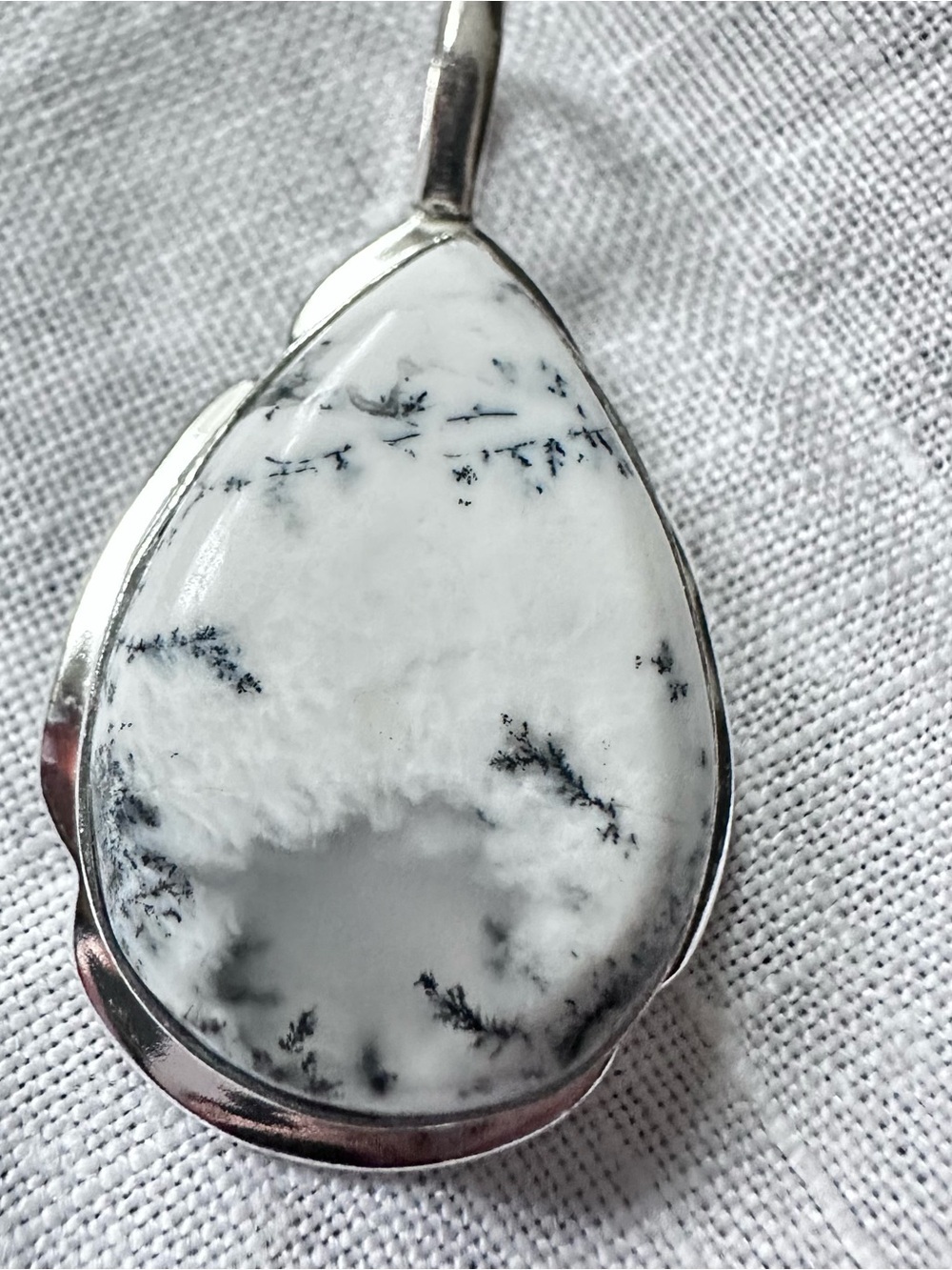 Artisan White Dendritic Agate Teardrop Pendant in Silver